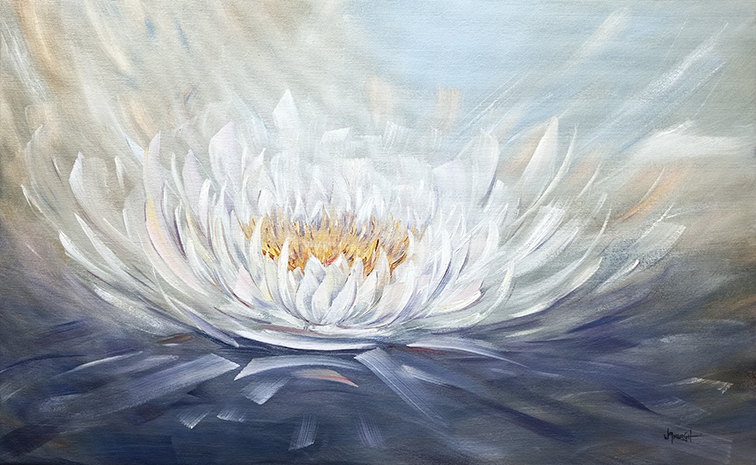 Semi-abstract oil painting of a water lily titled 'Hope' by Namibian artist Wilmien Myburgh