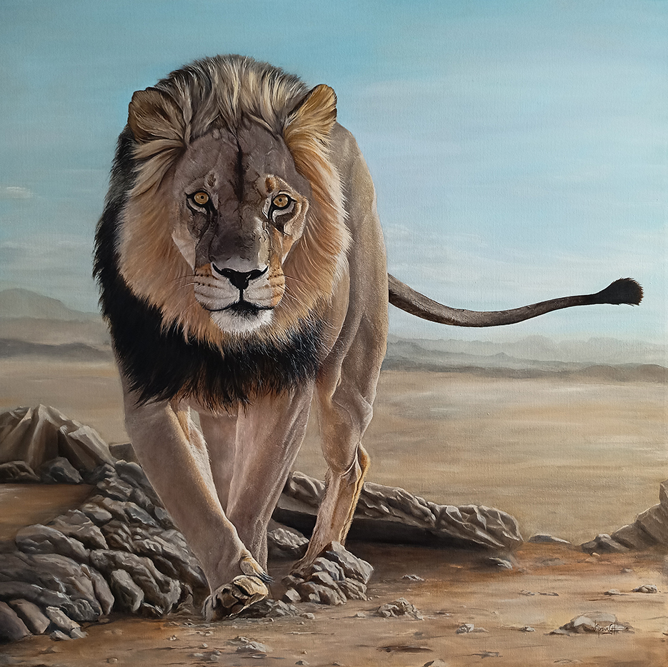 Lion Oil Painting By Namibian Artist Wilmien Myburgh called Before the King.