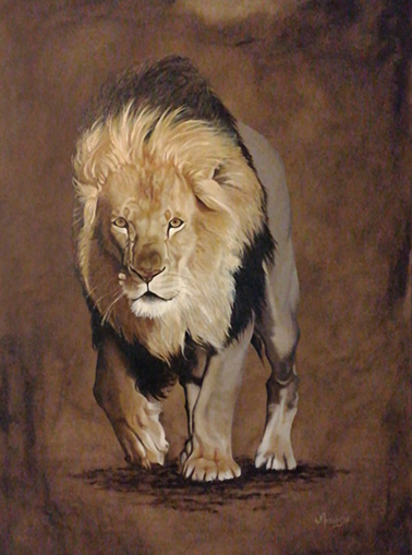 Wildlife oil painting of a lion, titled Eminent Approach by artist Wilmien Myburgh