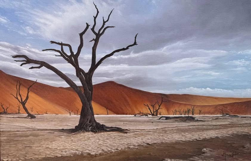 Forgotten River – Oil painting of Sossusvlei desert scene, sold through past exhibitions by Wilmien Myburgh