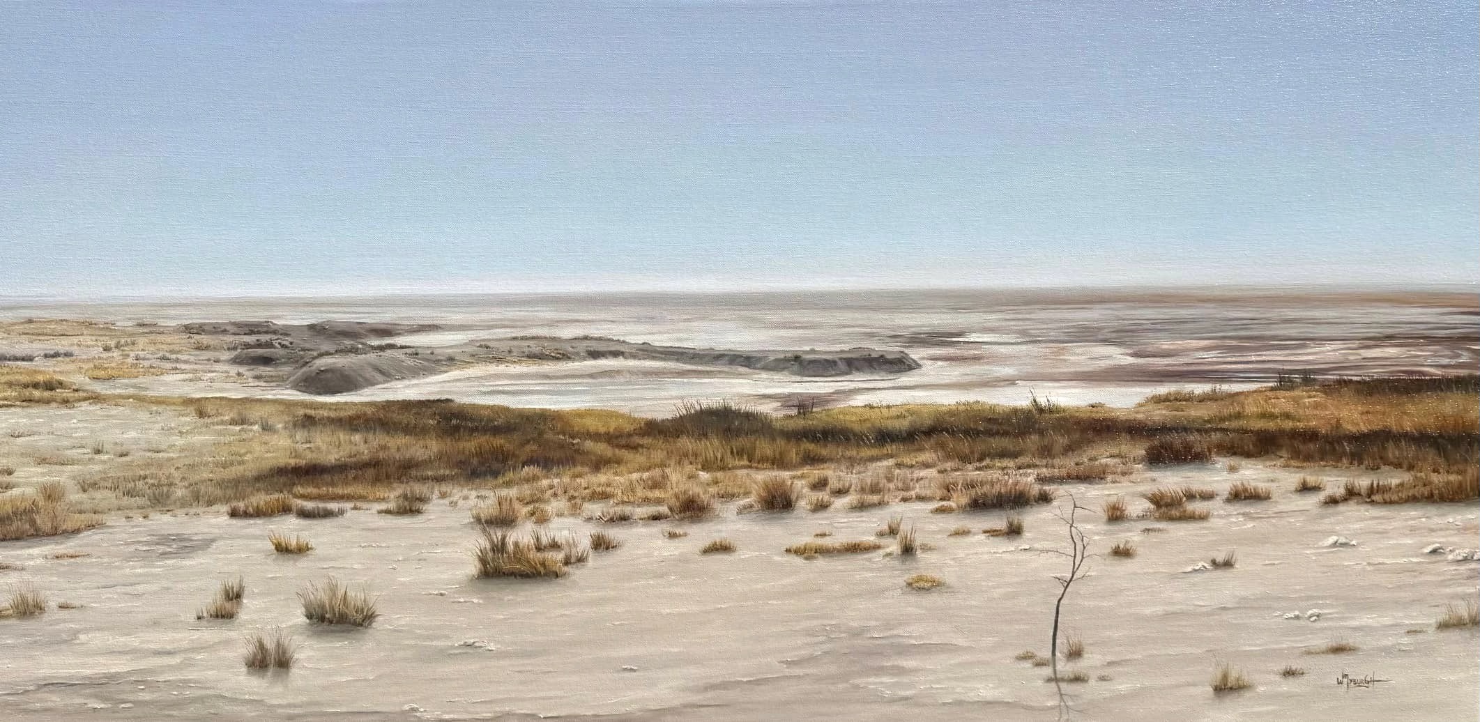 Oil painting of Etosha National Park’s salt pans by Namibian artist Wilmien Myburgh