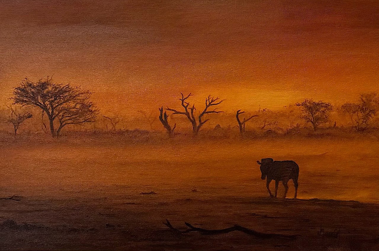 Echoes of the Dust – Oil painting of a zebra in a sunset dust storm, sold by Namibian artist Wilmien Myburgh