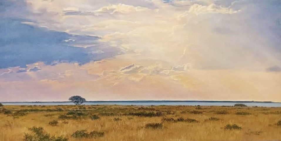 Ethereal Symphony – A fine art oil painting of a dramatic sunset sky, previously exhibited by Wilmien Myburgh