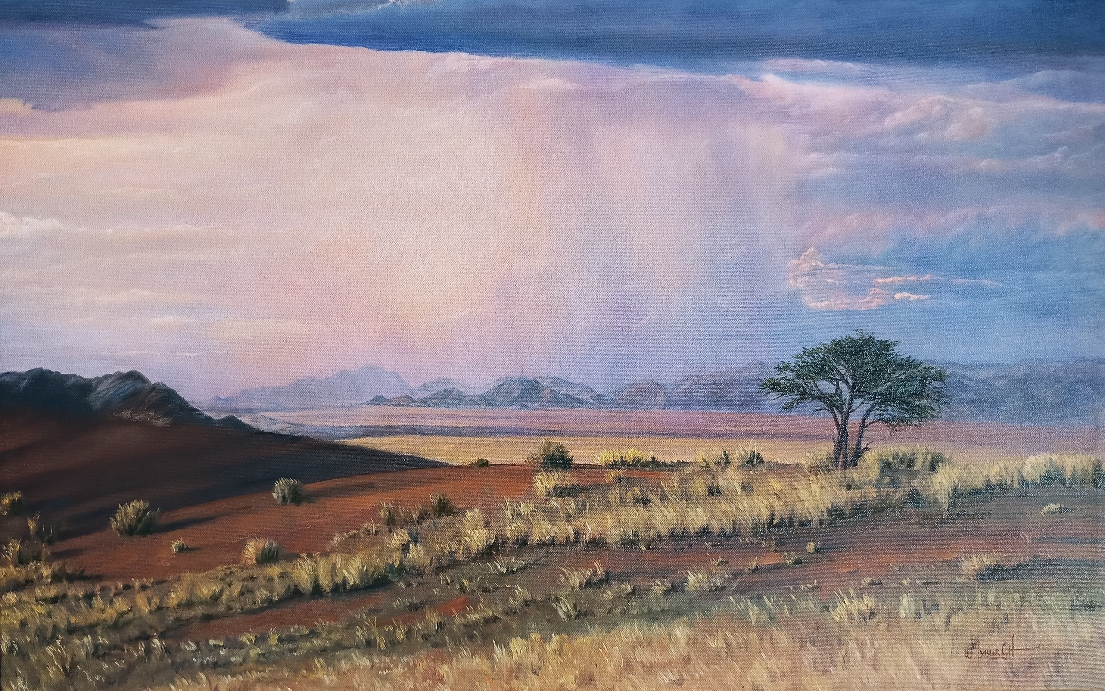 Tranquil Tempest – A landscape oil painting of Namibian mountains in rainfall, exhibited and sold by Wilmien Myburgh